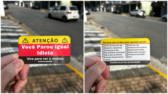 ‘voce-parou-igual-idiota’:-estudante-cria-cartao-para-dar-recado-a-motoristas-espacosos