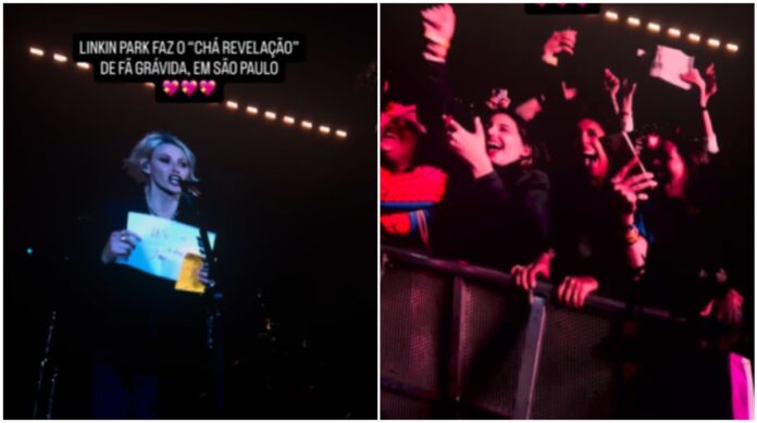 linkin-park-faz-cha-revelacao-de-fa-gravida-no-meio-do-show-em-sp
